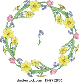  Isolated on white vector hand drawn floral circle tangle with narcissus, tulips and forget-me-not flowers