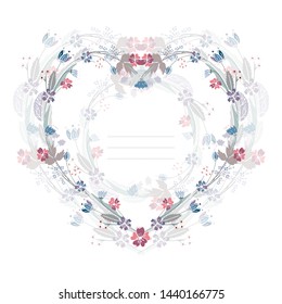 Isolated on white vector heart shaped floral hand drawn frame hand drawn beautiful tangle of flowers, leaves and herbs in grey, pink, purple, blue, light blue colors in classic or retro style