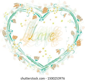 Isolated on white vector heart made from bright flowers garland with lettering love