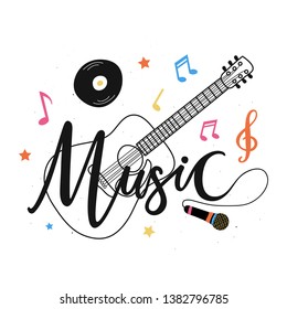 Isolated on white vector illustration with acoustic guitar, microphone, notes, plate and stars and calligraphy word - Music. Musical festival typography poster, colored apparel print design