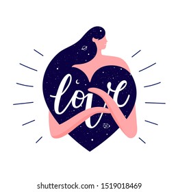 Isolated on white vector illustration of long hair woman, heart with rays and lettering word Love. Stars, galaxy, moon and saturn planet. Vintage typography poster with doodle elements, trendy print