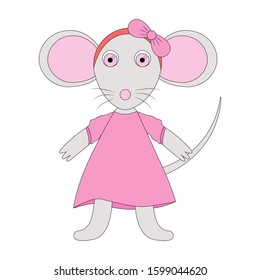 Isolated on white. Vector Illustration. Mouse girl in dress. Cute character. White background