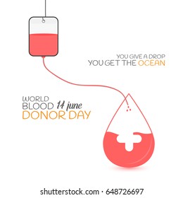 Isolated on white vector illustration of a blood bag and drop-shaped bottle with white cross and inspiring text. World blood donor day June 14. You give a drop you get the ocean motivating brochure