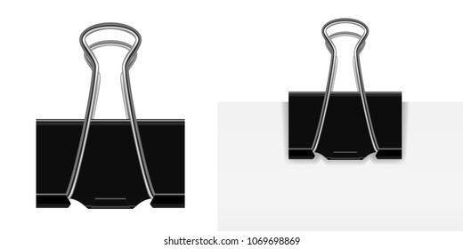 Isolated on white vector realistic black paper clip with a silver handle. A paper clip attached to a sheet of paper. Vector eps 10 illustration.