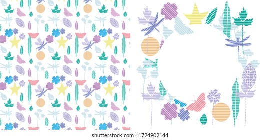 Isolated on white vector set of circle tangle of flowers, leaves, butterflies and dragonflies and seamless pattern
