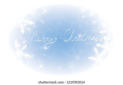 Isolated on white vector winter oblong backdrop with white snowflakes on blue background with hand written message Merry Christmas