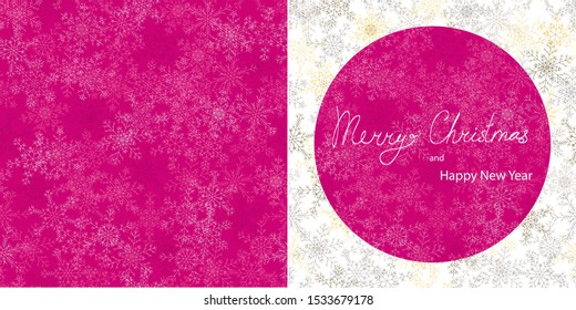  Isolated on white vector winter holidays set with seamless pattern and greeting card template with message Merry Cristmas and Happy New Year in pink and golden colors