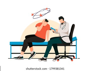 Isolated on white visit to the doctor with dizziness vector illustration. The patient complains of a sore ear design element. Headache, vertigo symptoms in flat cartoon style.