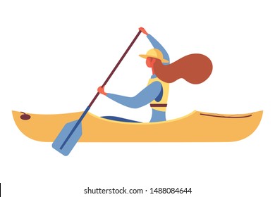 Isolated on white woman canoening with single-bladed paddle flat character illustration for outdoor leisure activity