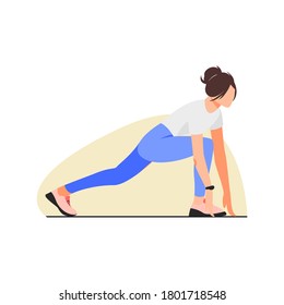 Isolated on white Woman doing exercise vector illustration. Warm up before training and running design element. Muscle stretching  in flat cartoon style.