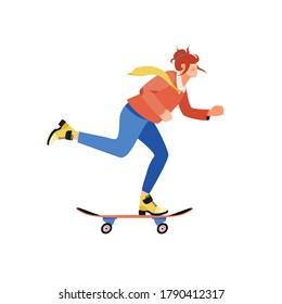 Isolated on white woman on a skateboard vector illustration. Girl riding a board design element. Modern activity, urban vehicle in flat cartoon style.