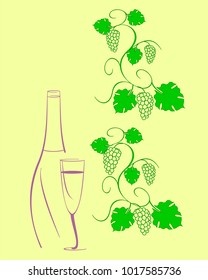 Isolated on a yellow background a bottle of wine, a glass and a bunch of grapes.