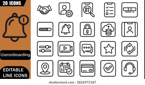 Isolated onboarding flow icons set, 20 editable line art icons set, mobile app, UI UX, walkthrough, guide, interface, product experience, user journey theme style, clean outline vector