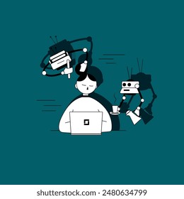 isolated one busy girl with laptop, two robots serve her on green background. vector flat illustration flat modern vector. digital illustration with ropots