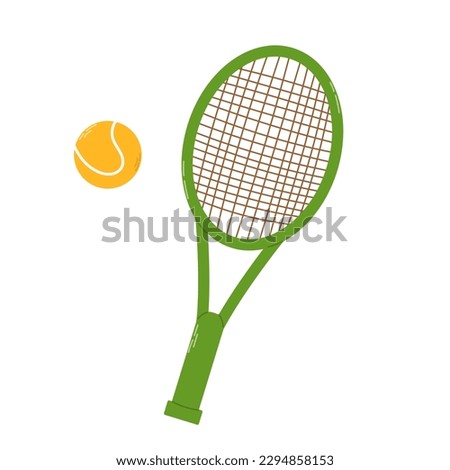 Isolated one green tennis racket with ball in flat style on white background. Vector colorful illustration