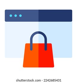 Isolated online shopping in flat icon on white background. Online store, marketplace, shopping bag, tab, browser