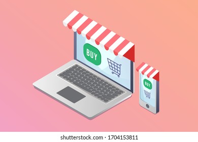 Isolated Online Shopping Laptop And Smartphone With Buy Button And Shopping Kart Icon Vector