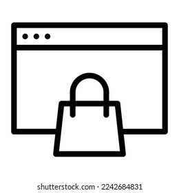 Isolated online shopping in outline icon on white background. Online store, marketplace, shopping bag, tab, browser