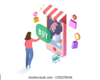 Isolated Online Shopping With Woman Push The Buy Button From Smartphone Shop Vector Background