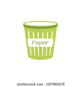 Isolated open bin for garbage. Icon office element in flat style. Using trash can sorting paper rubbish in office. Environment protection, reduce Earth pollution. Vector Illustration