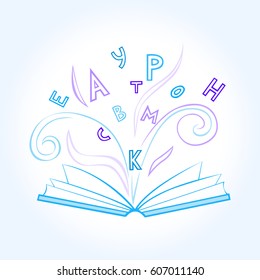 Isolated open blue book with flying colored letters on white blue background.
