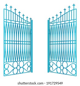 Isolated Open Blue Iron Gate Fence Vector Illustration