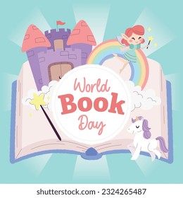 Isolated open book with fantasy icons World book day Vector illustration