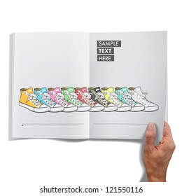 Isolated open book on white background with several shoes inside. Vector design.