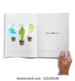 Isolated open book on white background with collection of realistic eco bulb. Vector design.