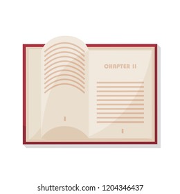 Isolated Open Book In Red Cover With A Page Being Turned Over, A Start Of A Chapter And An Imitation Of Text And Page Numbers And Shadow. White Background. Flat Cartoon Style Vector Illustration.