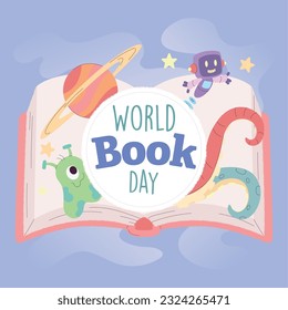 Isolated open book with scifi icons World book day Vector illustration