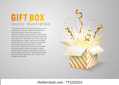 Isolated open box with gold ribbons and confetti splash on white background. Holidays vector illustration with empty space for text