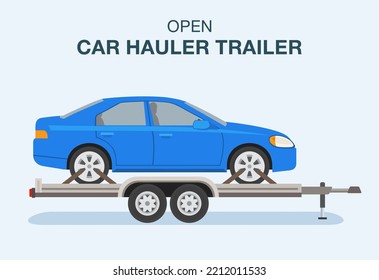 Isolated open car hauler trailer with vehicle on it. Side view of a blue sedan. Flat vector illustration template. svg