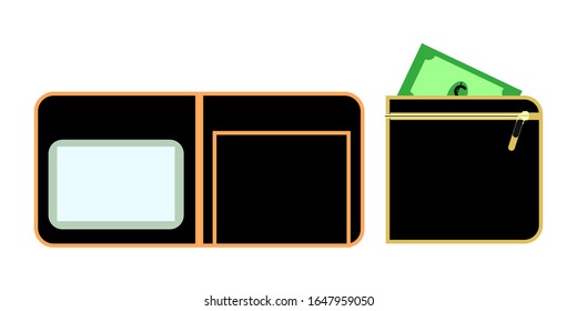 Isolated open and closed wallet flat, vector icon. Black wallet with a green piece of paper. Concept for business web design. Symbol of business and finance.