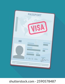 Isolated open passport with red visa stamp mark in flat design style with long shadow