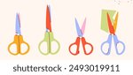 Isolated open scissors symbol set. Scissors cutting paper,scissoring, shear concept.kid scissors signs.Hand drawn Vector illustration EPS 10.