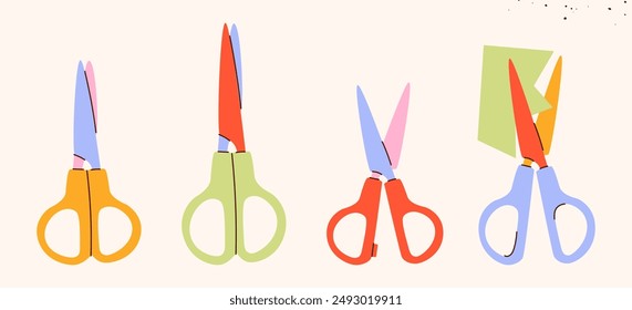 Isolated open scissors symbol set. Scissors cutting paper,scissoring, shear concept.kid scissors signs.Hand drawn Vector illustration EPS 10.