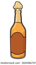 Einzeln geöffnete Glasflasche mit Etikett, Bläschen und Frost, flach und mit Umrissen.