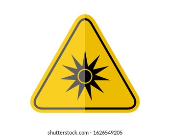 isolated  optical radiation, common hazards symbols on yellow round triangle board warning sign for icon, label, logo or package industry etc. flat paperwork style vector design.