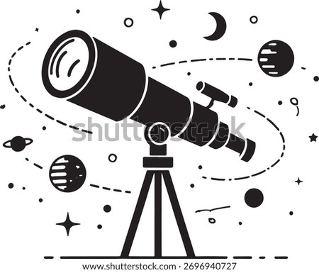 Isolated optical telescope on a tripod with a camera viewing the moon and a space shuttle launch in the black sky vector illustration.