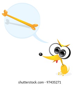 Isolated orange cartoon dog dreaming about bone. vector illustration.