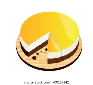 Isolated of Orange Chocolate cake on wooden plate. Bright layered pie. Vector Illustration.
