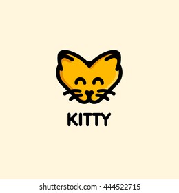 Isolated orange color kitty logo. Cat muzzle logotype. Children toy vector illustration. Cartoon character.