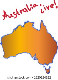 Isolated orange continent of Avtalia on white background with text - Avtalia, live! The ecological problem of fires in Autralia. Vector banner 