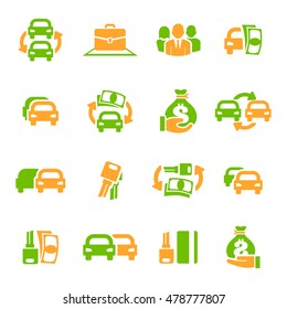 Isolated orange and green color automobile business logo set. Cars rental logotypes collection. Transport sale icons. Rent auto symbols. Vector illustration.