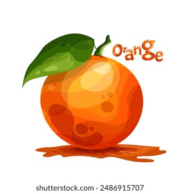 the isolated orange with a green leaf in bright orange colors in flat style for advertising, prints, patterns, digital arts, stickers. The vector illustration with isolated orange with a green leaf 