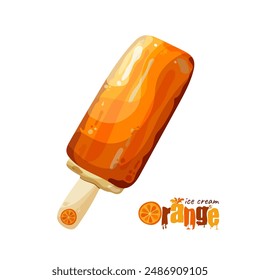 the isolated orange ice cream on a stick in flat style in bright orange colors for prints, patterns, digital arts, stickers, cards and offline stuffs. The vector illustration with orange ice cream 