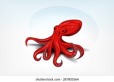 Isolated orange octopus with shadow. Hand drawn original close up vector illustration or icon. Template for poster, print, tattoo, logo or symbol.