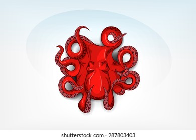 Isolated orange octopus with shadow. Hand drawn original close up vector illustration or icon. Template for poster, print, tattoo, logo or symbol.