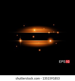 isolated orange Rays with lens flare, Sun flare, flare on the black background.  Vector Illustration